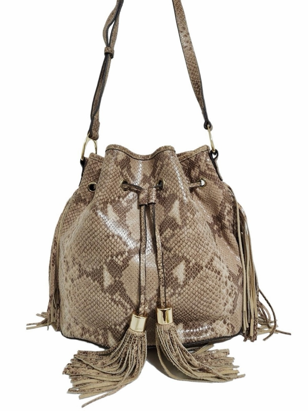 G.I.L.I. Got to Love It Leather Cream Gray Snake Print fringed Bucket bag, Large
